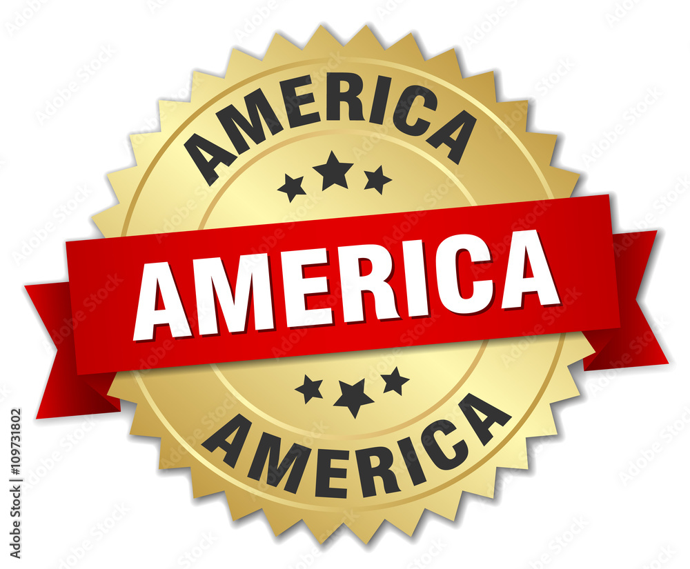 America round golden badge with red ribbon America round golden badge with red ribbon