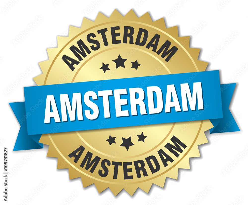Amsterdam round golden badge with blue ribbon