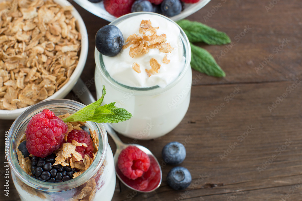 Breakfast with Fresh greek yogurt, muesli and berries Breakfast with Fresh greek yogurt, muesli and berries