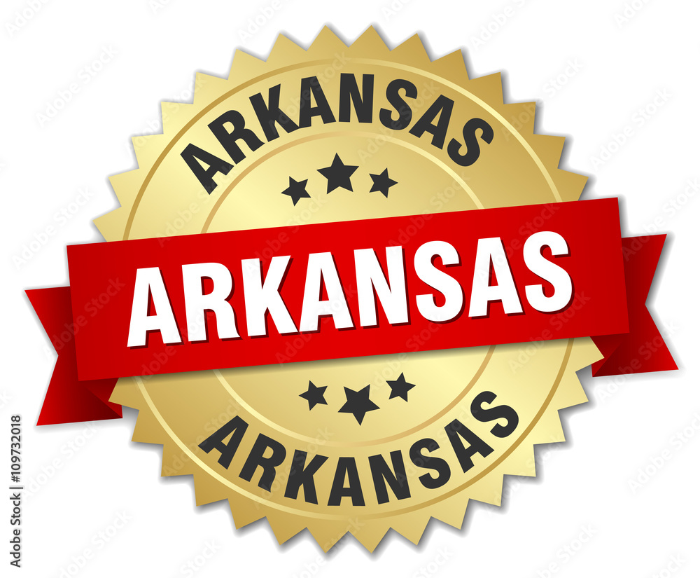 Arkansas round golden badge with red ribbon Arkansas round golden badge with red ribbon