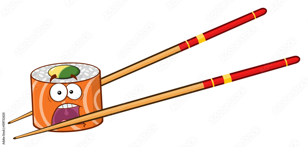 Screaming Sushi Roll Cartoon Mascot Character With Chopsticks Screaming Sushi Roll Cartoon Mascot Character With Chopsticks
