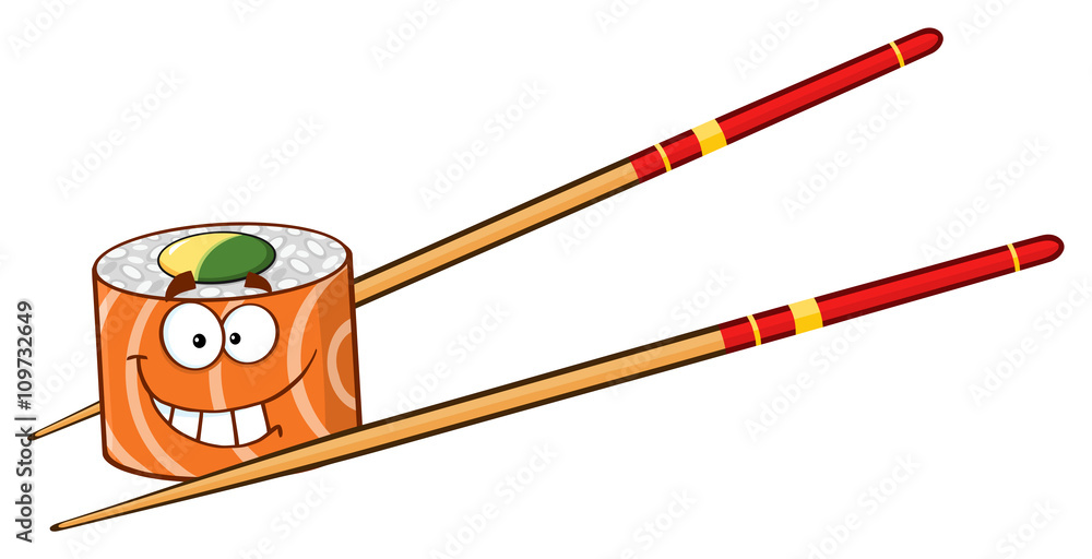 Smiling Sushi Roll Cartoon Mascot Character With Chopsticks Smiling Sushi Roll Cartoon Mascot Character With Chopsticks