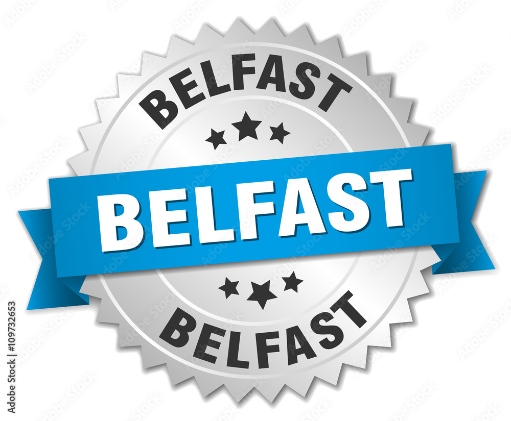 Belfast round silver badge with blue ribbon Belfast round silver badge with blue ribbon