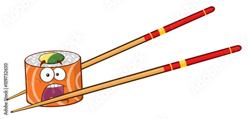 Screaming Sushi Roll Cartoon Mascot Character With Chopsticks