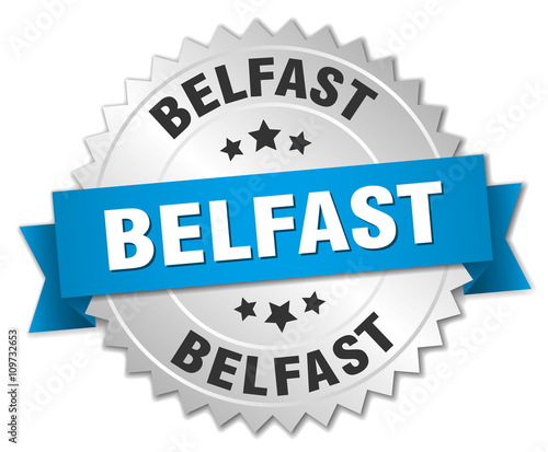 Belfast round silver badge with blue ribbon