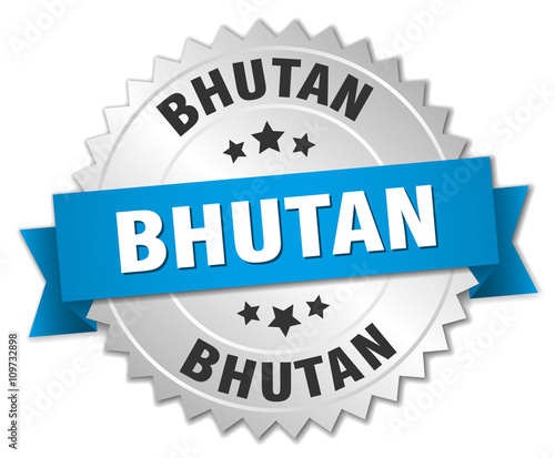 Bhutan round silver badge with blue ribbon
