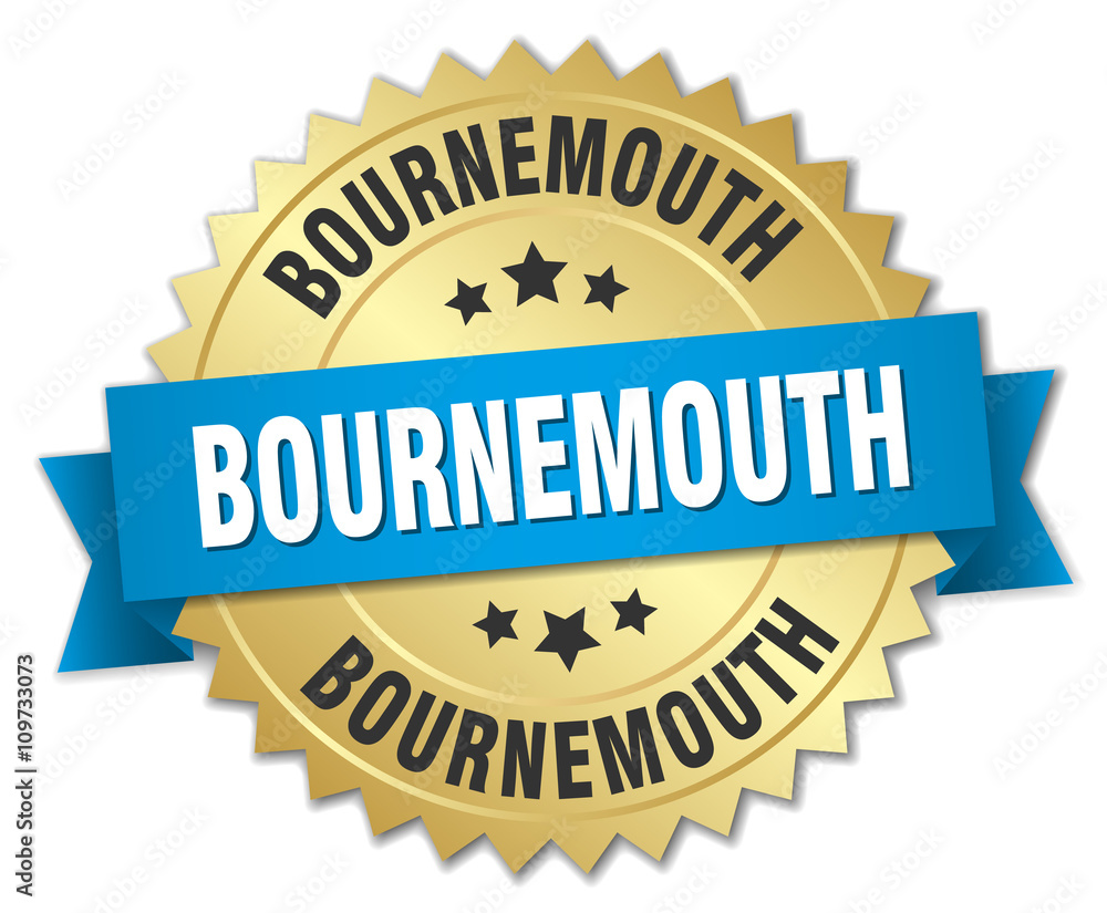 Bournemouth round golden badge with blue ribbon Bournemouth round golden badge with blue ribbon