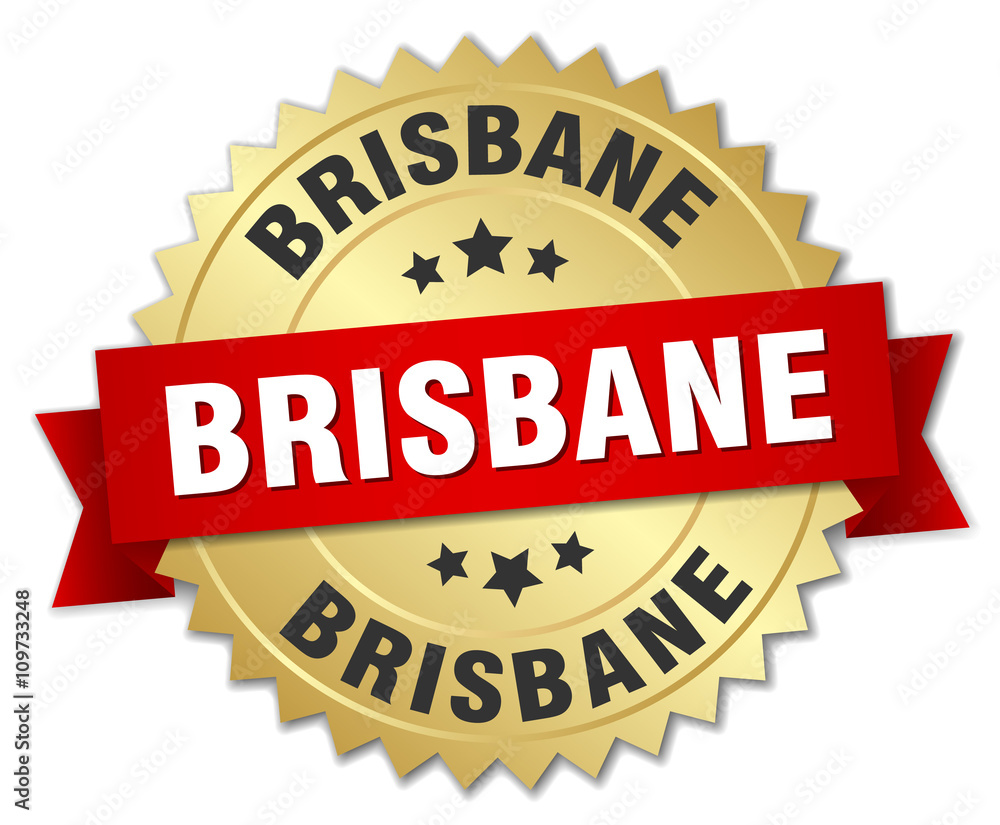Brisbane round golden badge with red ribbon Brisbane round golden badge with red ribbon