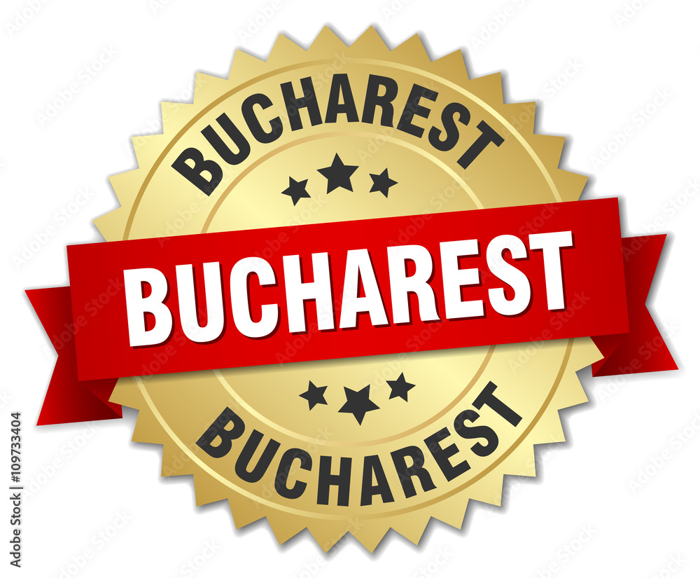 Bucharest round golden badge with red ribbon Bucharest round golden badge with red ribbon