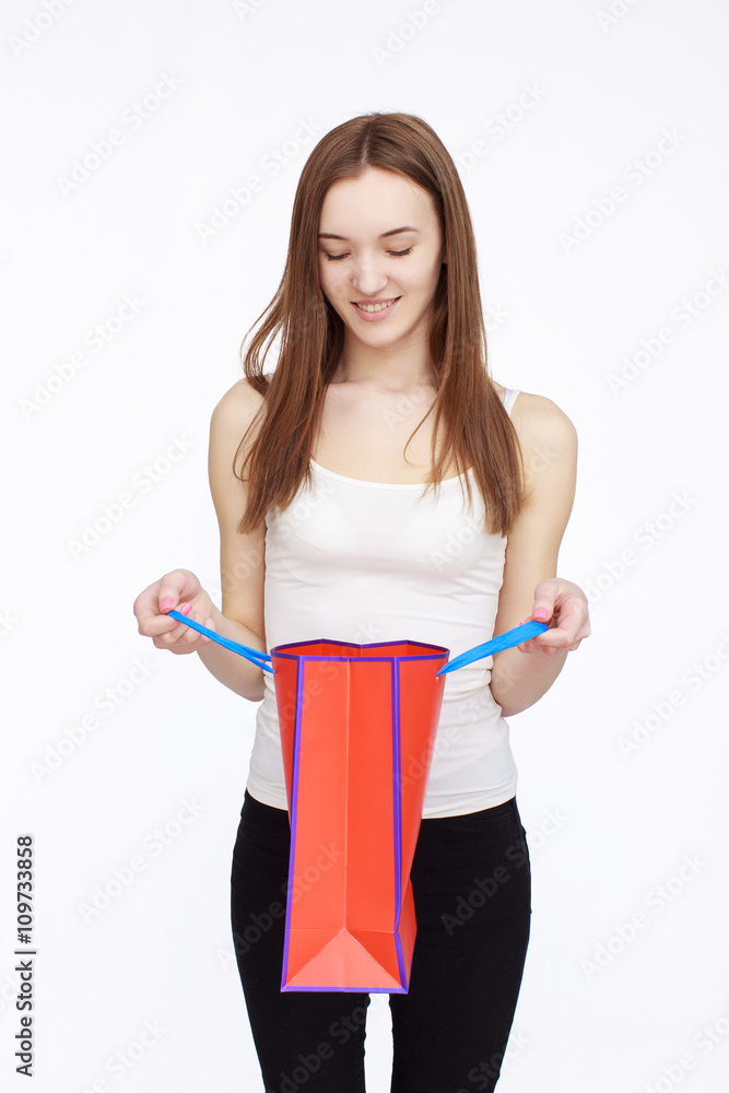 happy shopping girl holding shoping bag in hands happy shopping girl holding shoping bag in hands