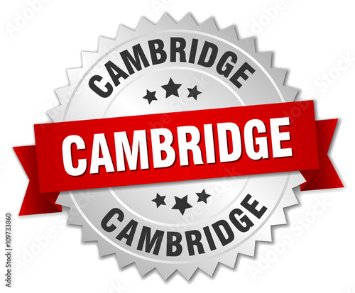 Cambridge  round silver badge with red ribbon