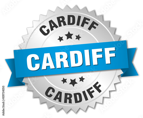 Cardiff round silver badge with blue ribbon