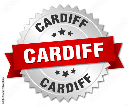 Cardiff  round silver badge with red ribbon
