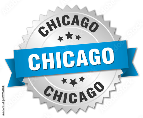 Chicago round silver badge with blue ribbon