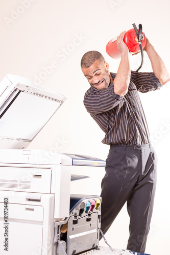 mad african man want to destroy copier printer