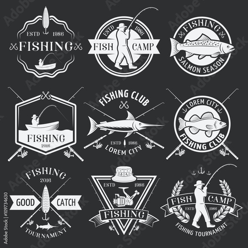 Fishing White Emblems On Black Background
