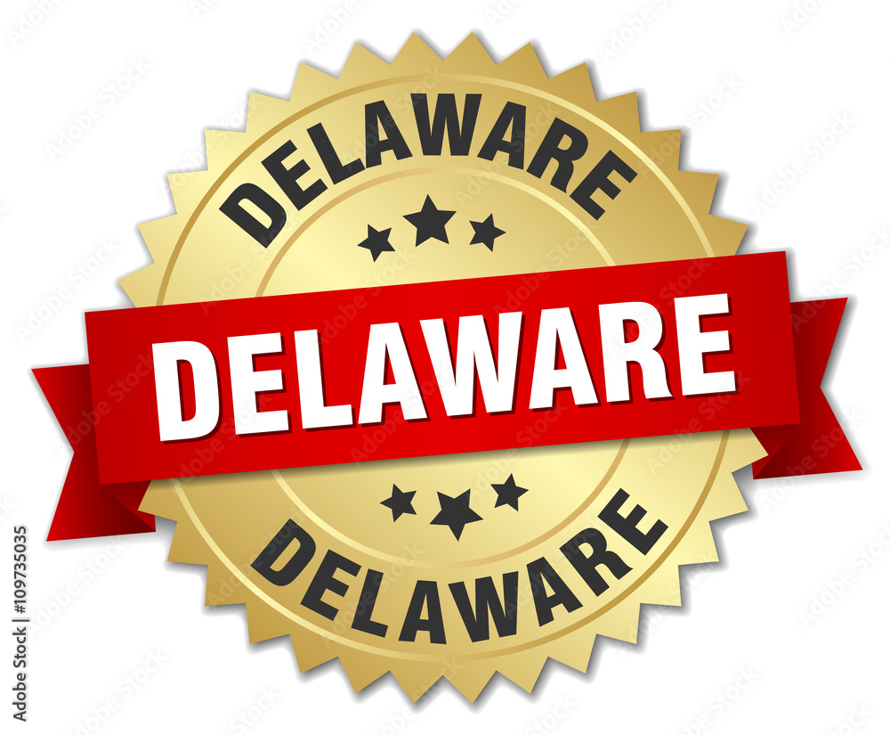 Delaware round golden badge with red ribbon Delaware round golden badge with red ribbon