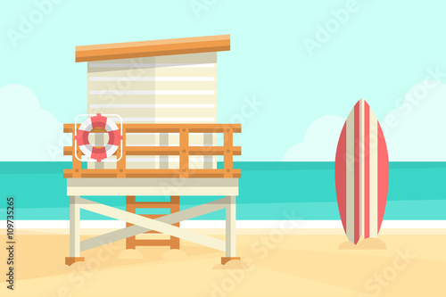 Beach background with lifeguard tower and surfboard. Flat design style. 
