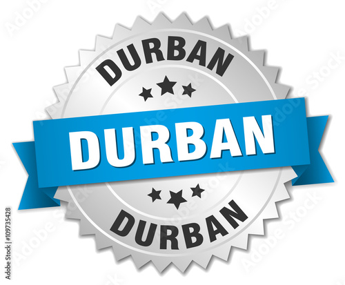 Durban round silver badge with blue ribbon