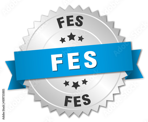Fes round silver badge with blue ribbon