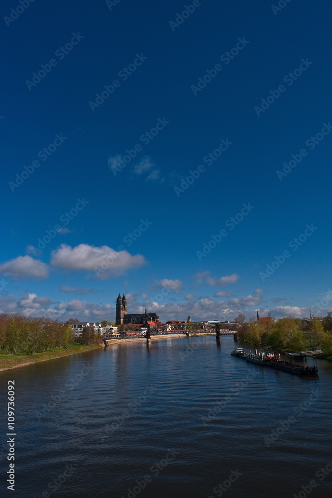 View on Magdeburg city and Elbe in Spring, Magdeburg, Germany
