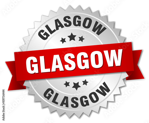 Glasgow round silver badge with red ribbon