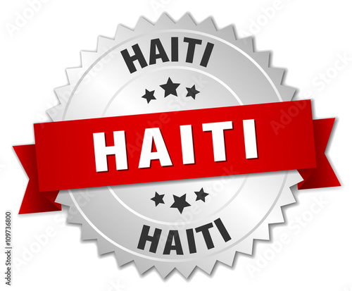 Haiti  round silver badge with red ribbon