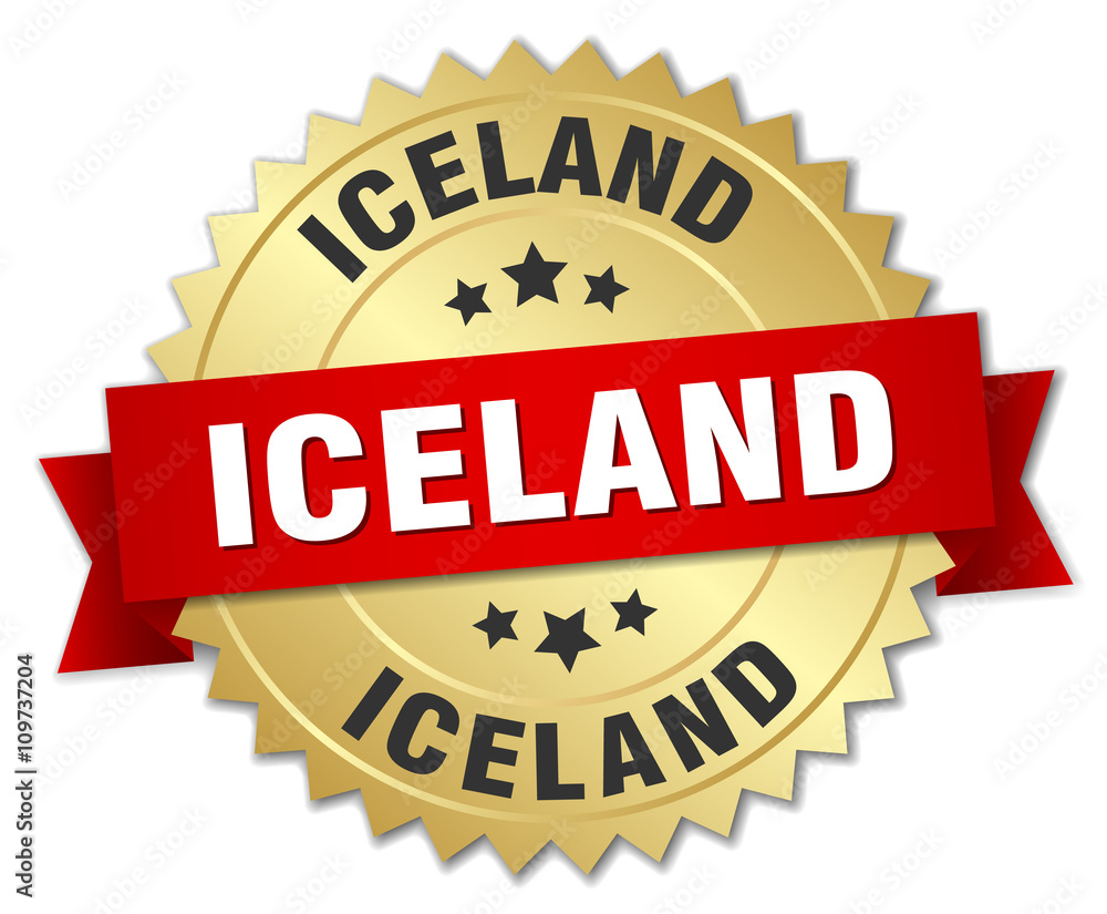 Iceland round golden badge with red ribbon Iceland round golden badge with red ribbon