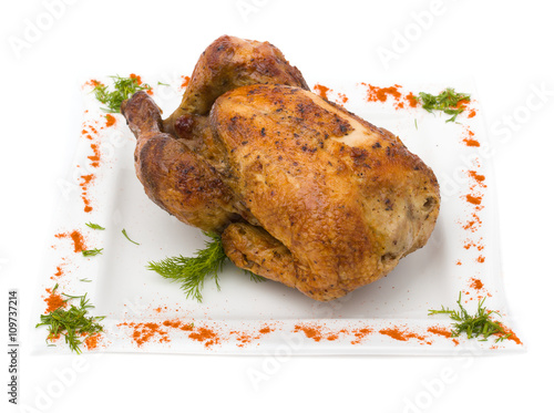 baked fried chicken carcass isolated on white