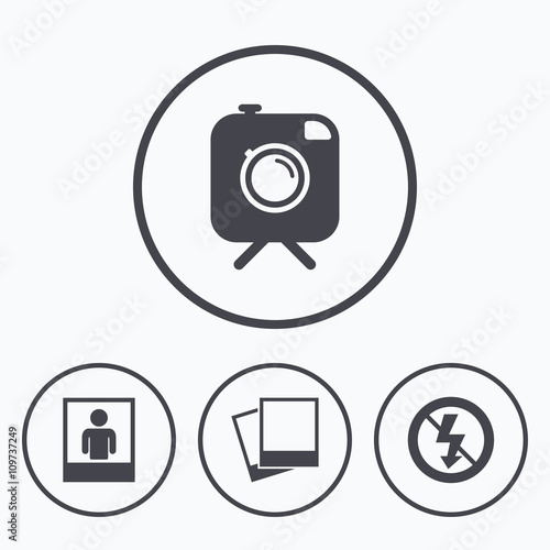 Photo camera icon. No flash light sign.