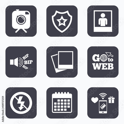 Photo camera icon. No flash light sign.