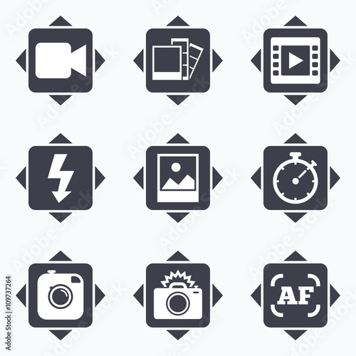 Photo, video icons. Camera, photos and frame.
