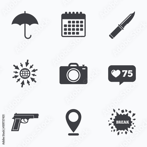 Gun weapon. Knife, umbrella and photo camera.