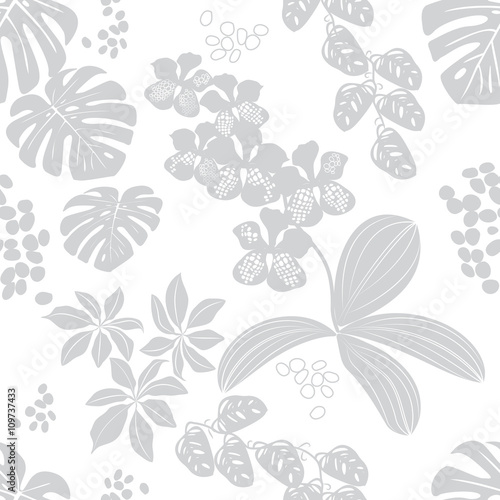 grey-white seamless pattern tropical flowers.vector illustration
