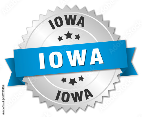 Iowa round silver badge with blue ribbon