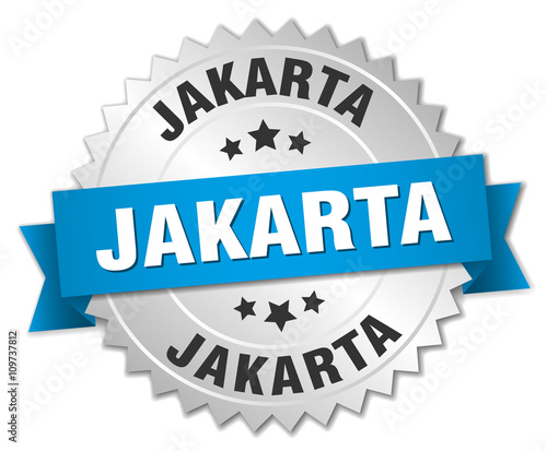 Jakarta round silver badge with blue ribbon