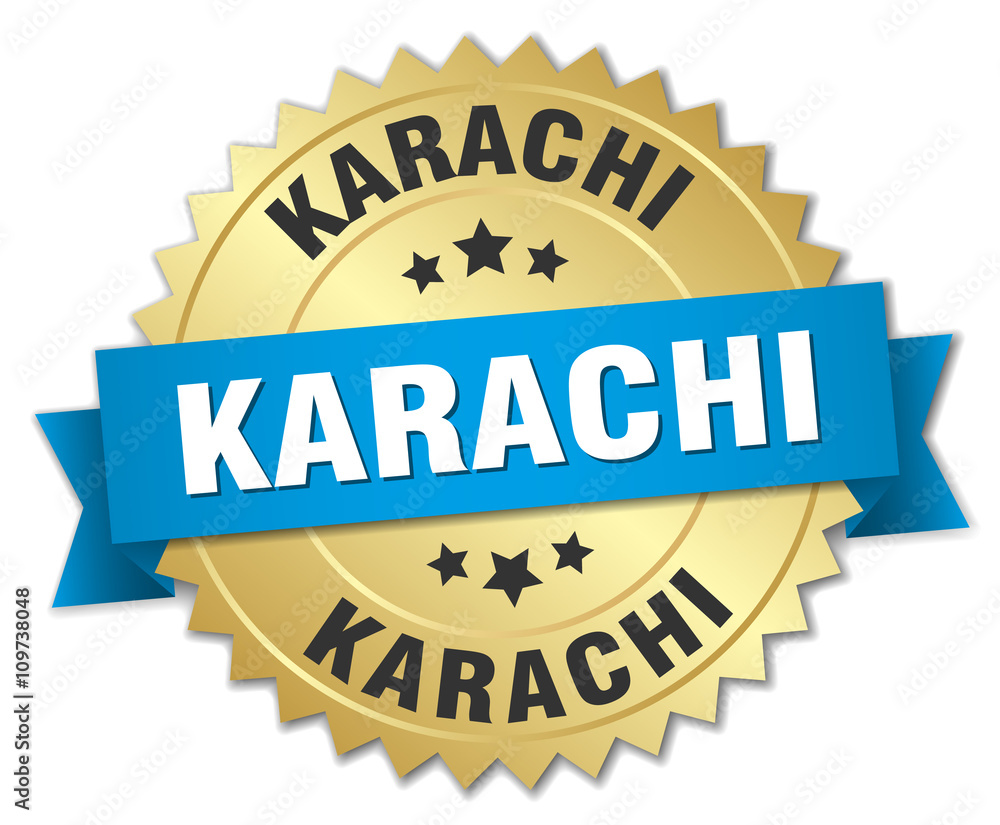 Karachi round golden badge with blue ribbon