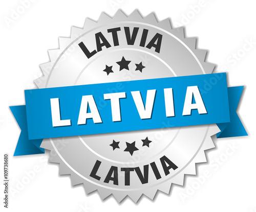 Latvia round silver badge with blue ribbon
