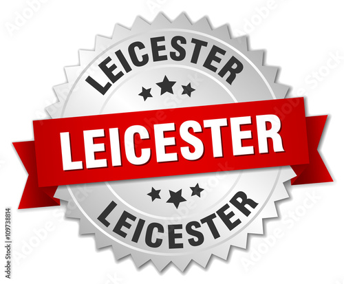 Leicester round silver badge with red ribbon