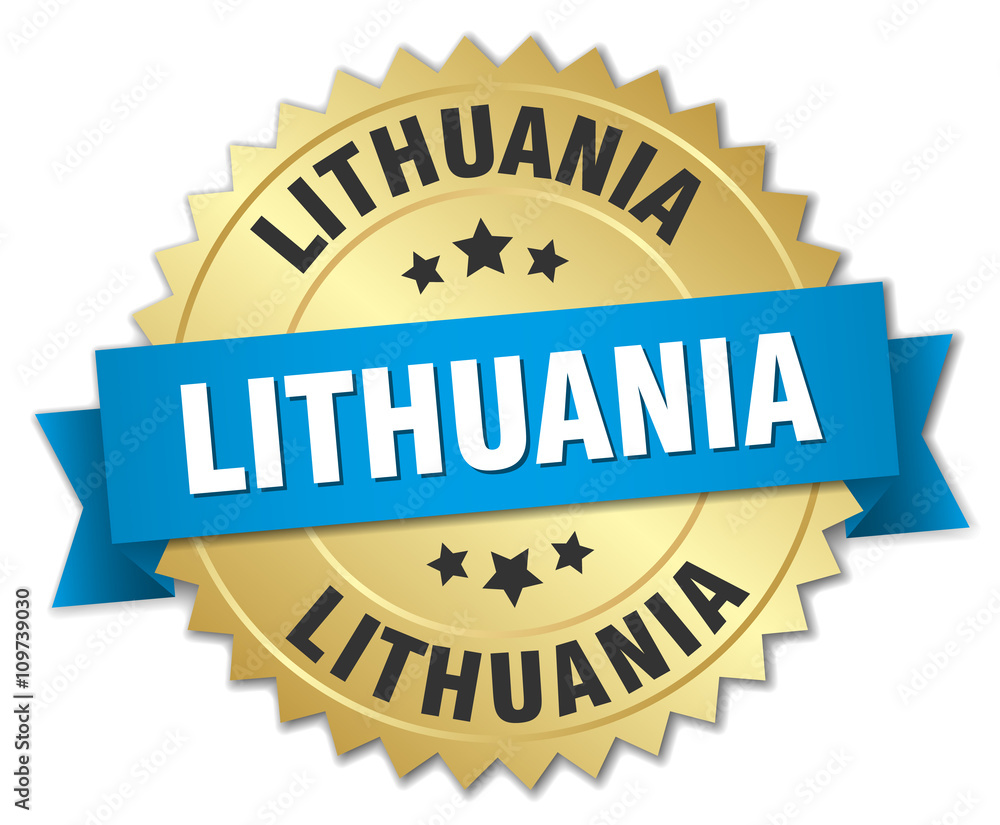 Lithuania round golden badge with blue ribbon