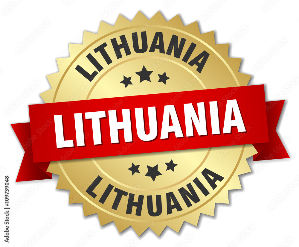 Lithuania round golden badge with red ribbon Lithuania round golden badge with red ribbon