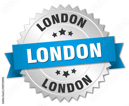 London round silver badge with blue ribbon