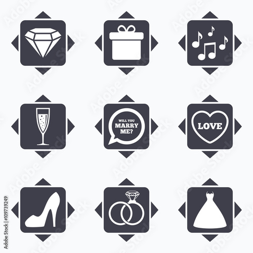 Wedding  engagement icons. Rings  gift box.