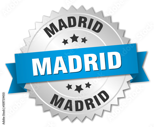 Madrid round silver badge with blue ribbon