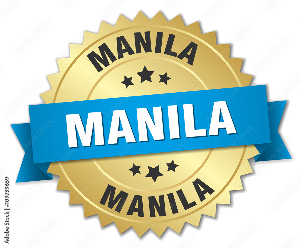 Manila round golden badge with blue ribbon