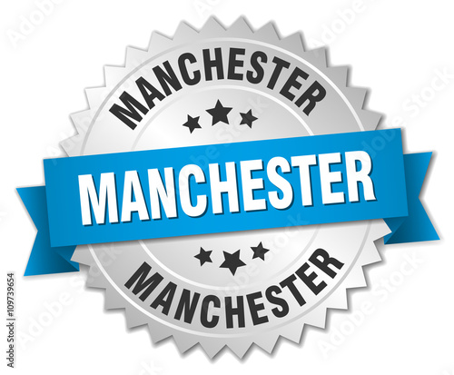 Manchester round silver badge with blue ribbon
