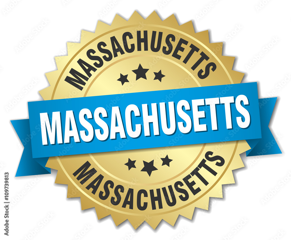 Massachusetts round golden badge with blue ribbon