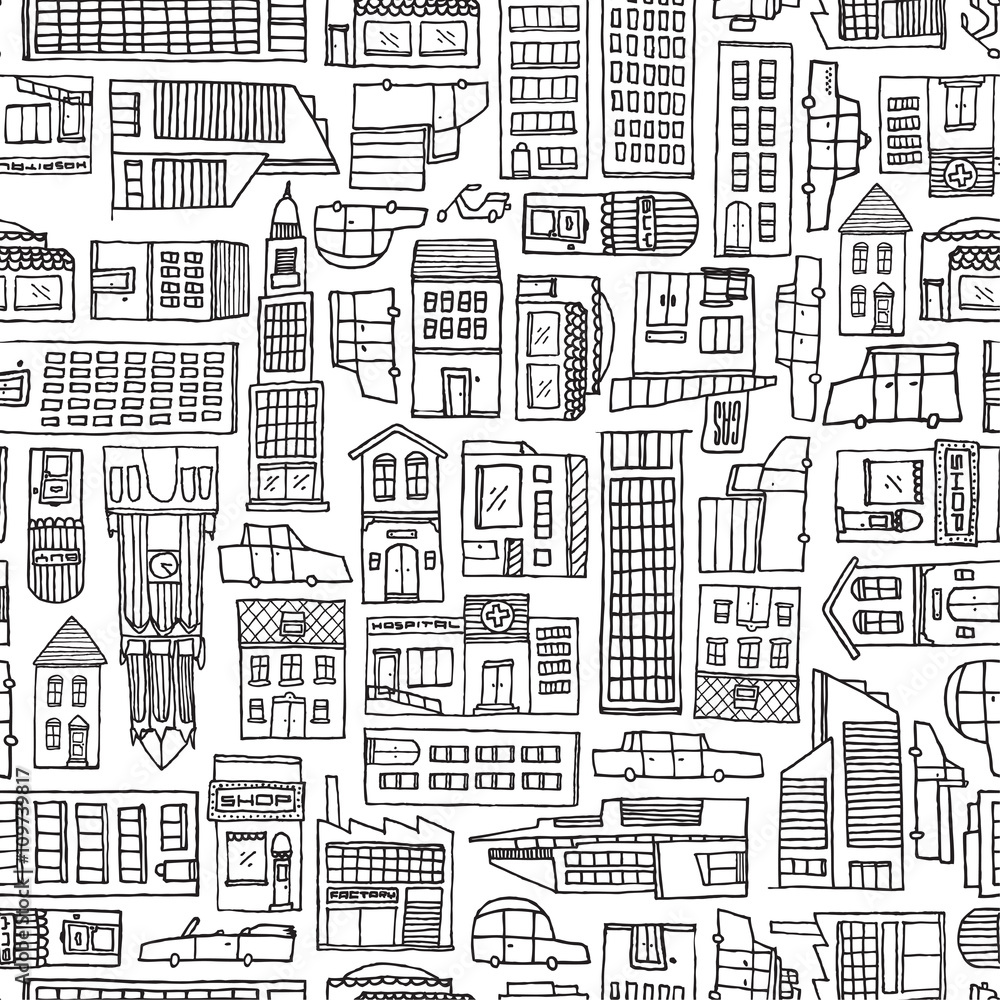 Black and white cartoon city texture for adult coloring