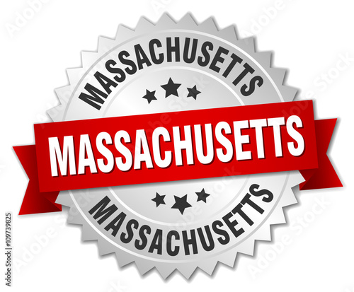 Massachusetts round silver badge with red ribbon