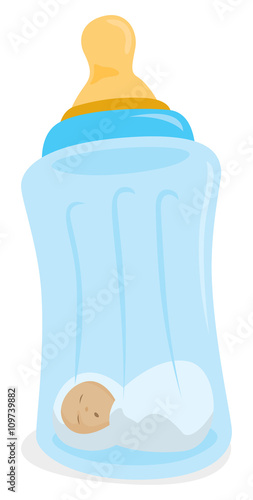 Cute newborn sleeping in huge baby bottle